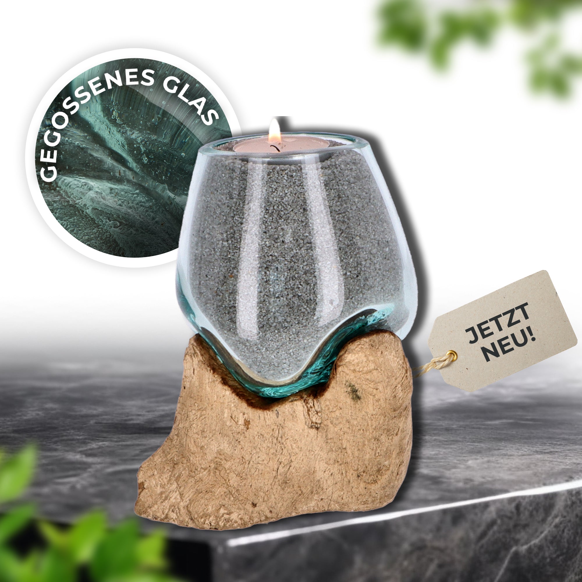 Glas auf Holzwurzel – Handgemachte Dekoschale, Vase oder Teelichthalter