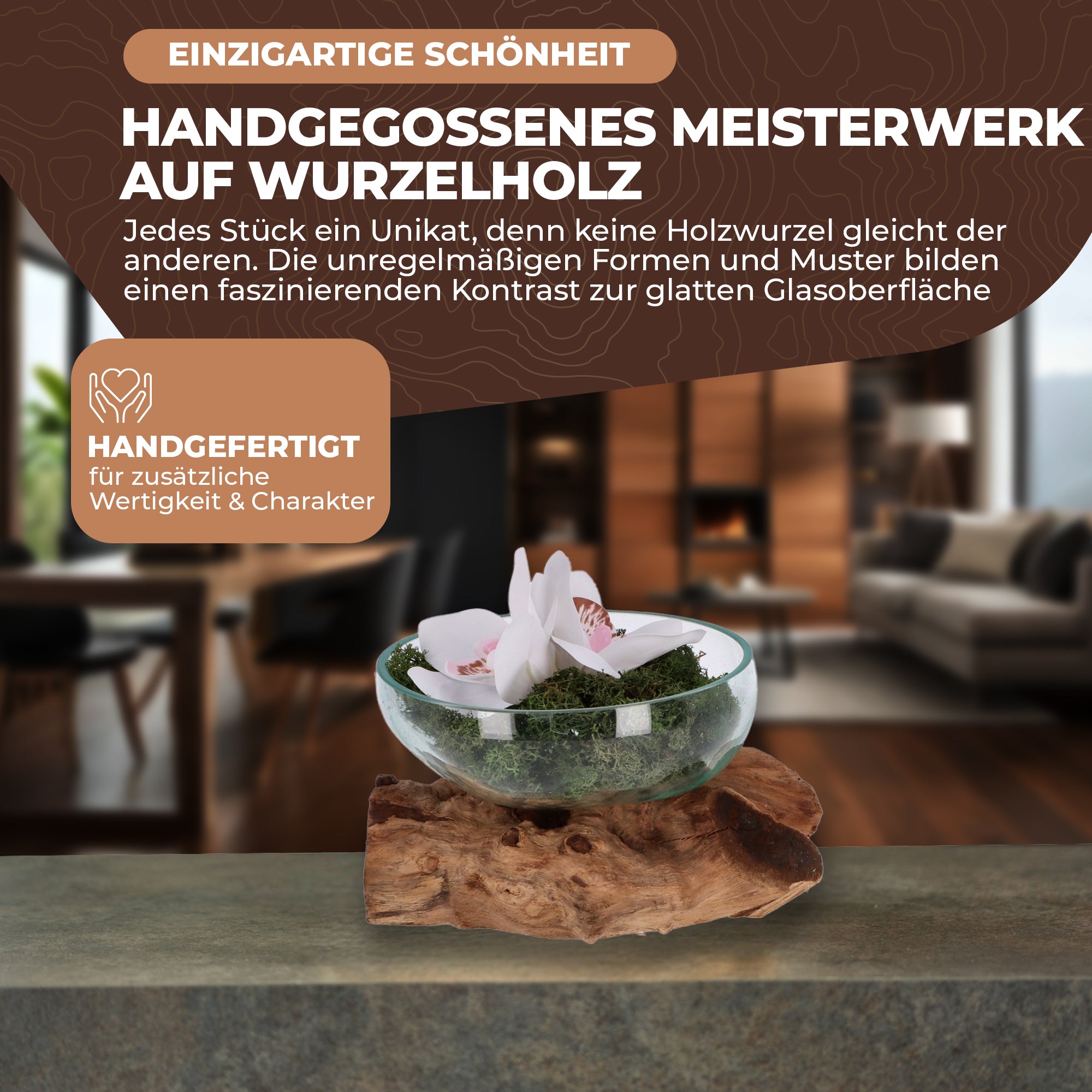 Flache Glas-Dekoschale auf Wurzelholz – Handgemachtes Unikat aus recyceltem Glas und naturbelassenem Holz