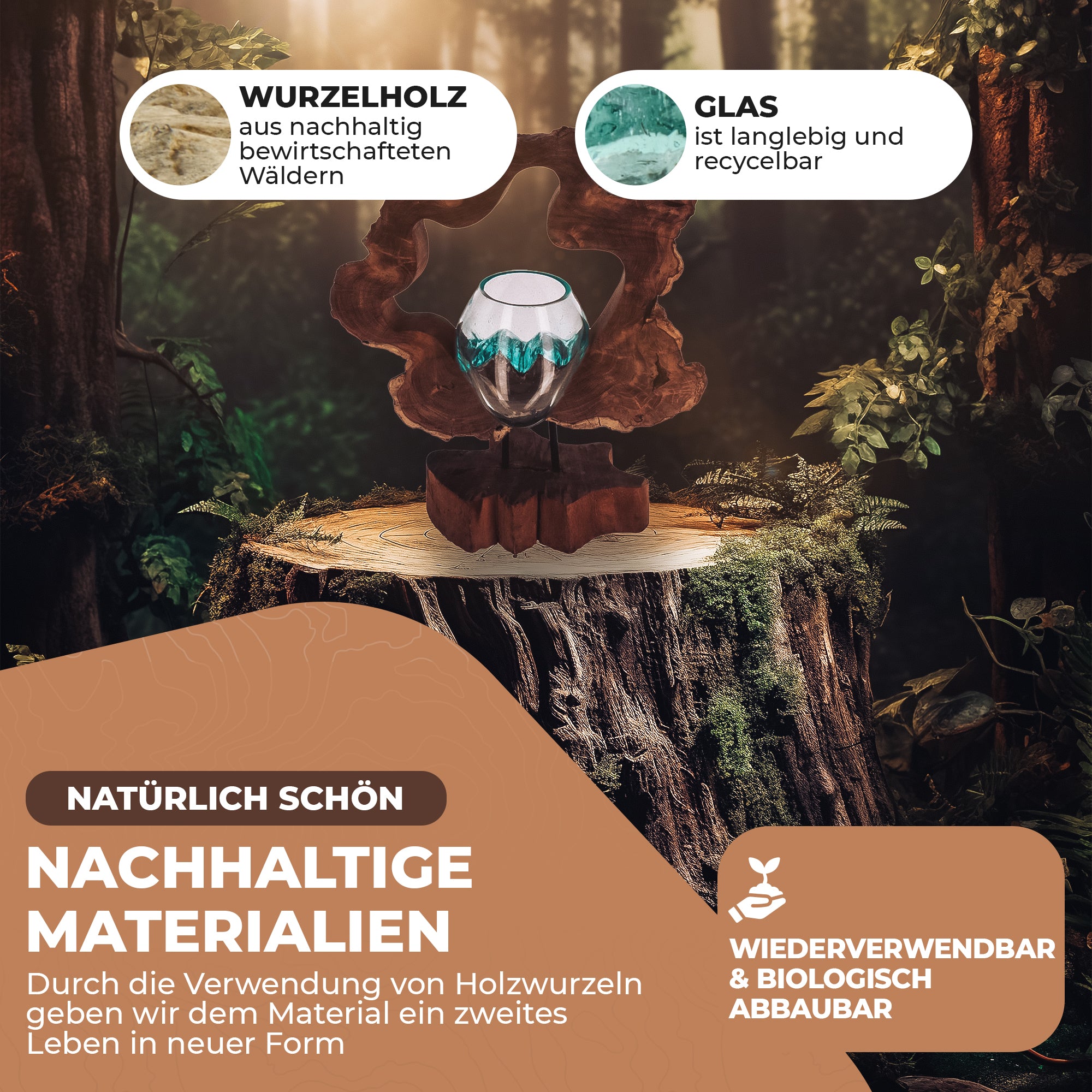 Handgefertigte Holzskulptur mit Glas – Nachhaltige Deko aus Wurzelholz | Modernes Wohnaccessoire