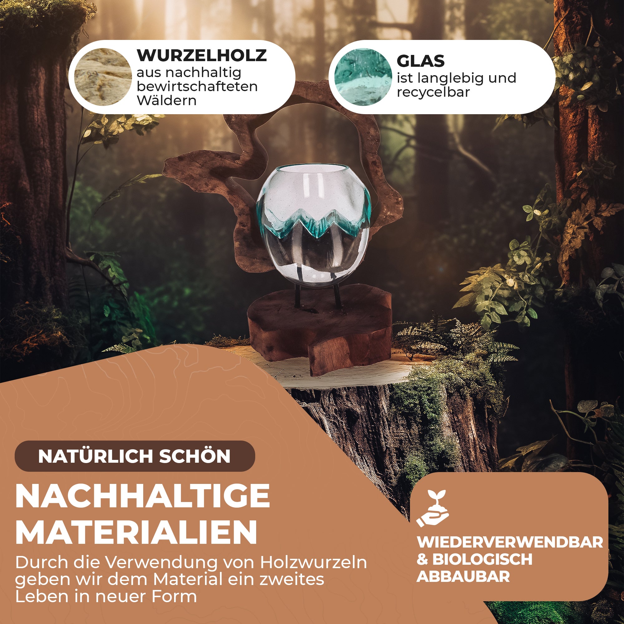 Handgefertigte Holzskulptur mit Glas – Nachhaltige Deko aus Wurzelholz | Modernes Wohnaccessoire (Kopie)