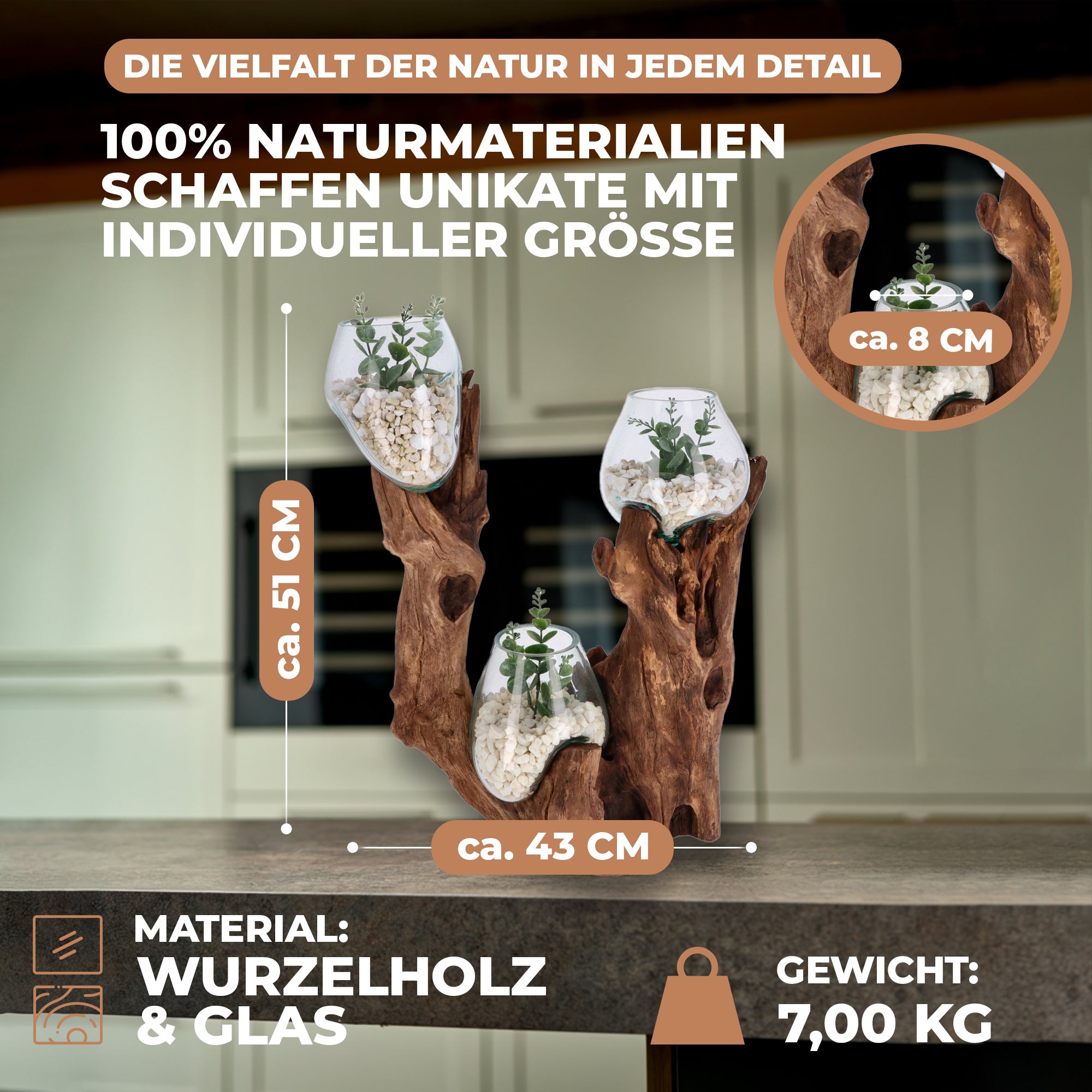 Große Glas-Dekoschale auf Wurzelholz – Handgefertigtes Unikat mit 3 Glaskugeln – Naturdeko aus recyceltem Glas und Holz